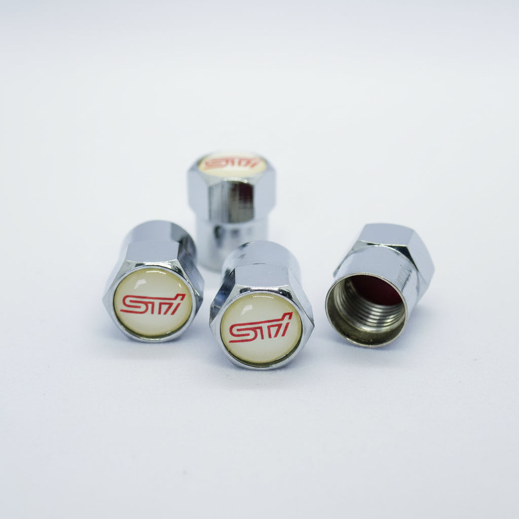Subaru STI (White) Style Tyre Valve Cap - Nut Style (Set of 4)