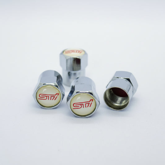 Subaru STI (White) Style Tyre Valve Cap - Nut Style (Set of 4)